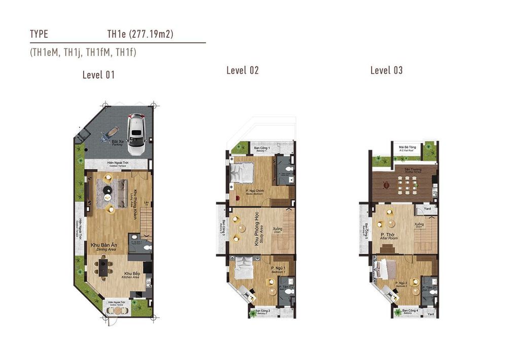 Mặt bằng TH1e – 3 tầng, 277,19 m²